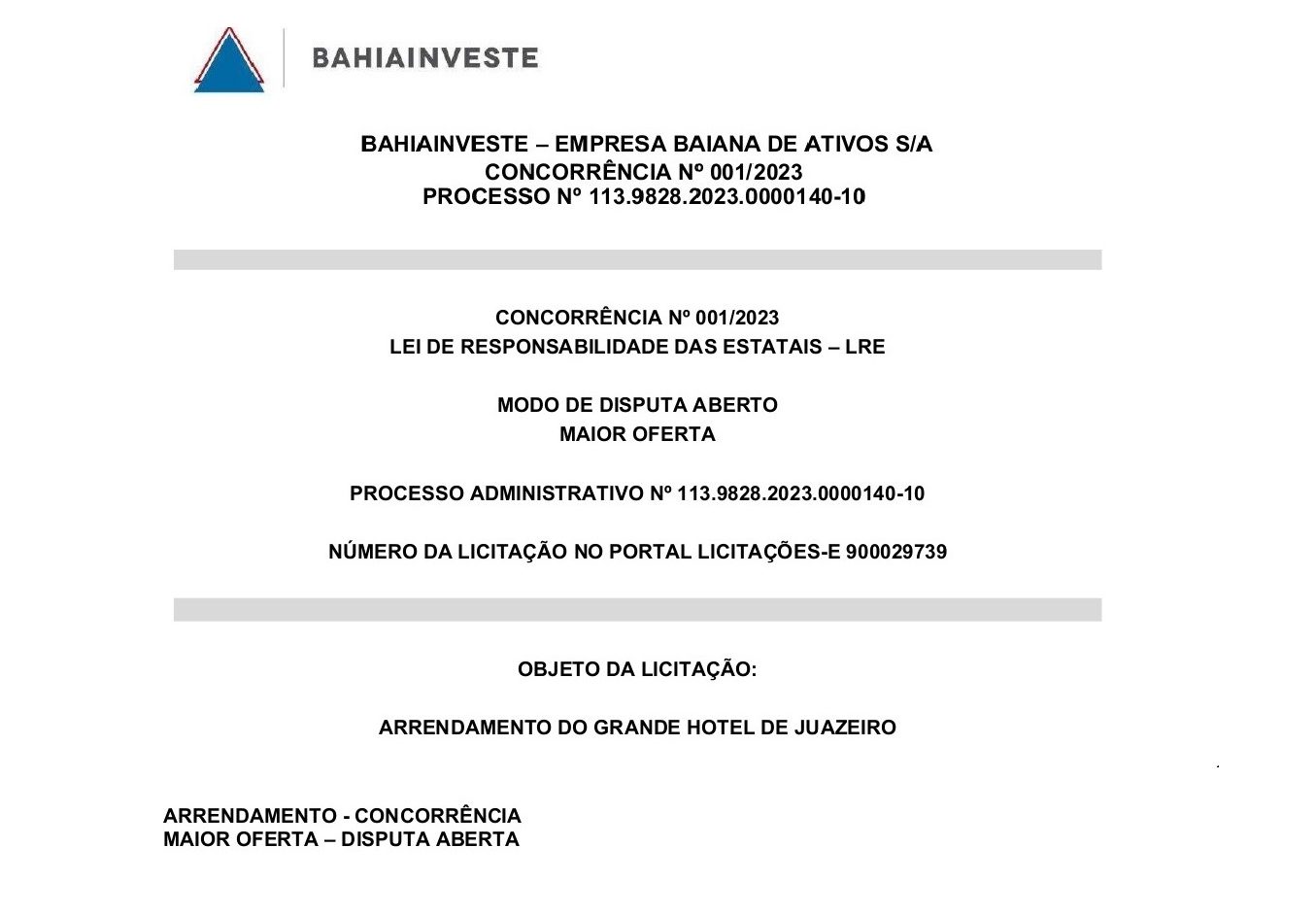 ARRENDAMENTO  DO GRANDE HOTEL DE JUAZEIRO